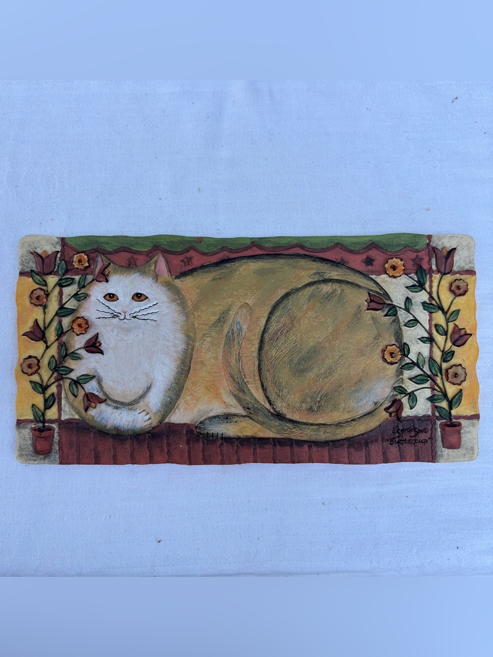VTG  E. Smithson "Buttercup" 3D Cat Folk Art Resin Wall Plaque signed floral